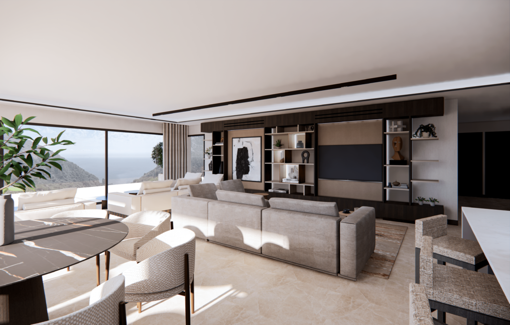 interior design project. Modern style living room with sea view and media wall